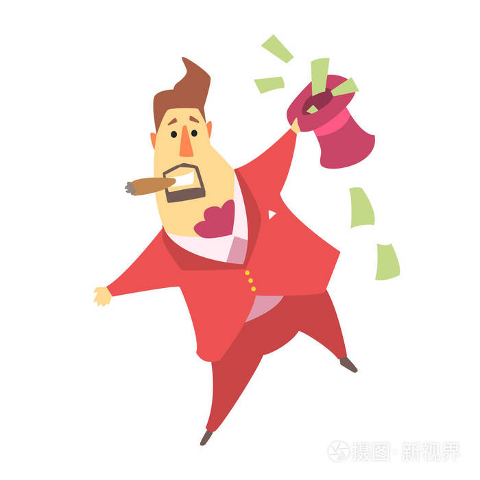 拿着钱账单,可爱的卡通人物的生活方式情况充满大礼帽的百万富翁有钱