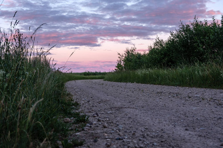 乡下的乡村小石子路, 四周绿树成荫, 天空乌云密布.照片