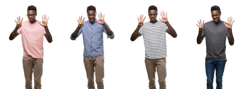 非洲裔美国人的拼贴画穿着不同的服装显示和指向九的手指, 而微笑着自信和快乐