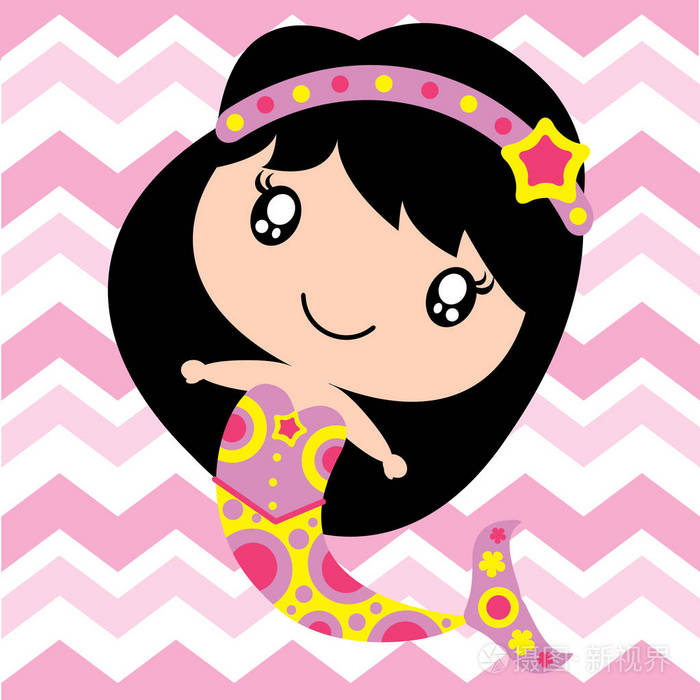 可爱的美人鱼微笑粉红色雪佛龙背景矢量卡通小孩幼儿园墙壁纸,, 贺卡