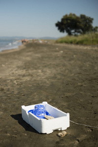 在沙滩上留下的塑料, 白色, 泡沫塑料容器