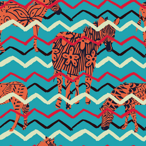 插图抽象非洲动物斑马字形无缝图案蓝色背景