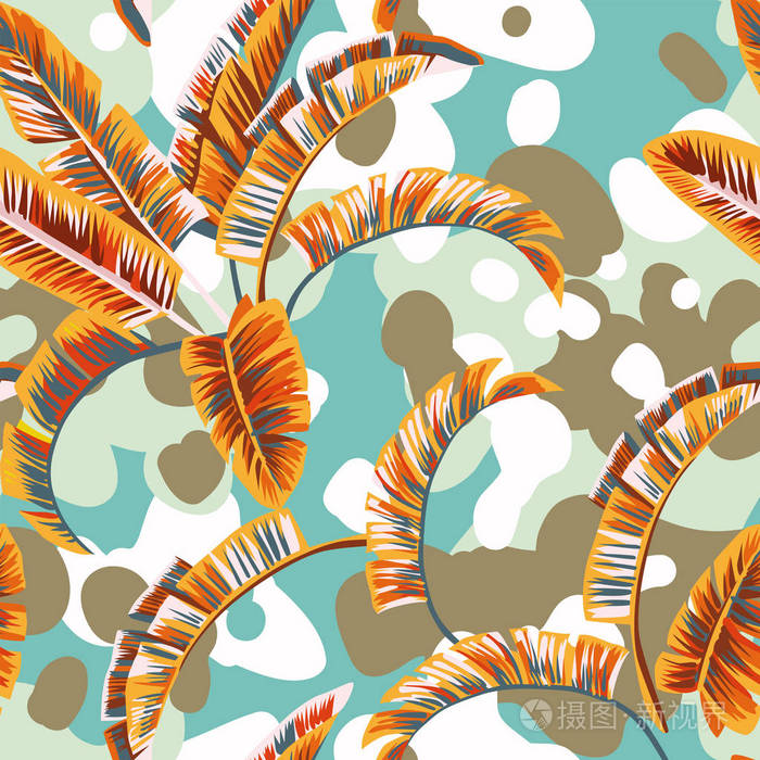 热带植物香蕉叶抽象色无缝彩色粉彩迷彩背景