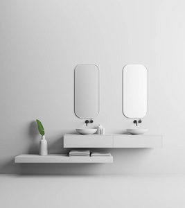 两个优雅的浴室水槽站在一个白色的架子上。上面挂着两个垂直的镜子。白色墙壁浴室内饰。3d 渲染