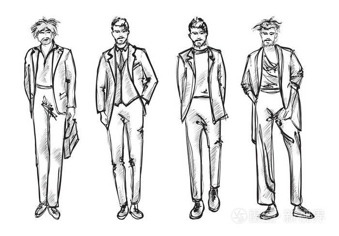时尚男白色背景的时髦男士素描集.春天人