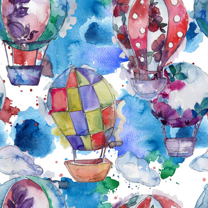 热风气球背景飞行空中交通说明。无缝的背景图案。织物墙纸打印纹理