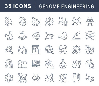一套向量线图标, 标志和符号的基因组工程的现代概念, 网络和应用。图表元素徽标和象形图的集合