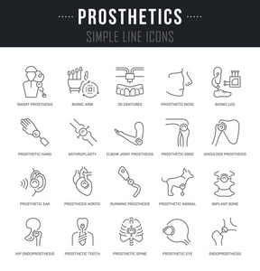 带名称的假肢的轮廓符号和符号。收集矢量细线图标和图表元素。用于 web 图形和应用程序的简单线性象形文字包