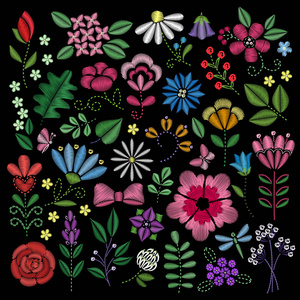 刺绣元素。花, 叶子, 蜻蜓, 蝴蝶绣在黑色的背景。创造手工设计的花卉图案。时尚设计。矢量绣插图