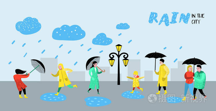 人物人走在雨中的海报, 横幅.动画片在雨衣用雨伞.