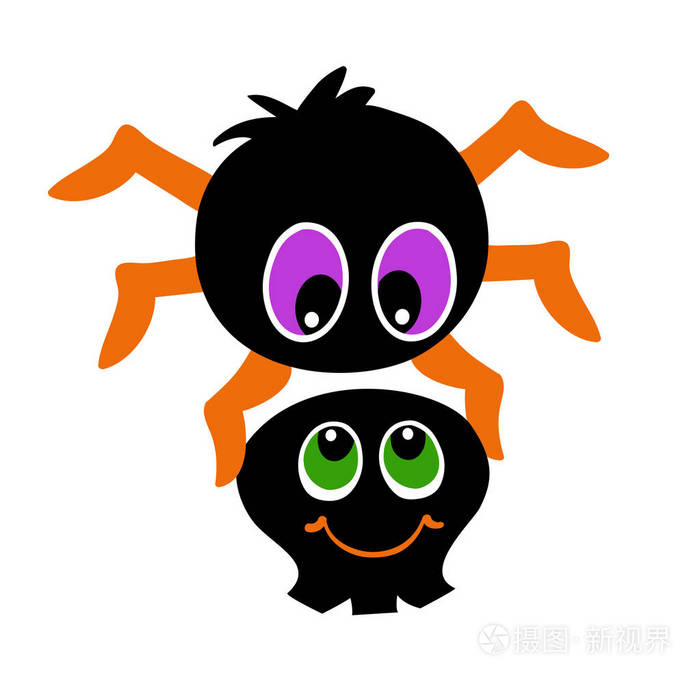 可爱的蜘蛛在它的爪子里握着头骨.在白色背景上隔离的矢量插图