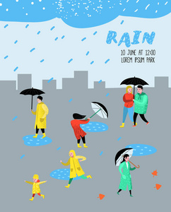 人物人走在雨中的海报, 横幅.动画片在雨衣用雨伞.