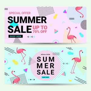 夏季销售横幅孟菲斯风格与火烈鸟和几何形状。销售背景模板粉色和蓝色由矢量创建