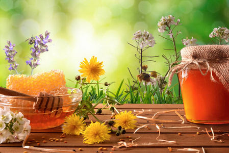 蜜壶和蜂窝与绿色的自然背景与花
