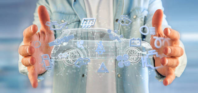 在汽车3d 渲染周围持有 Smartcar 图标的人的看法