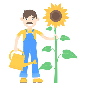 留着胡子的农民穿着蓝色的连体裤，站着用喷壶向日葵