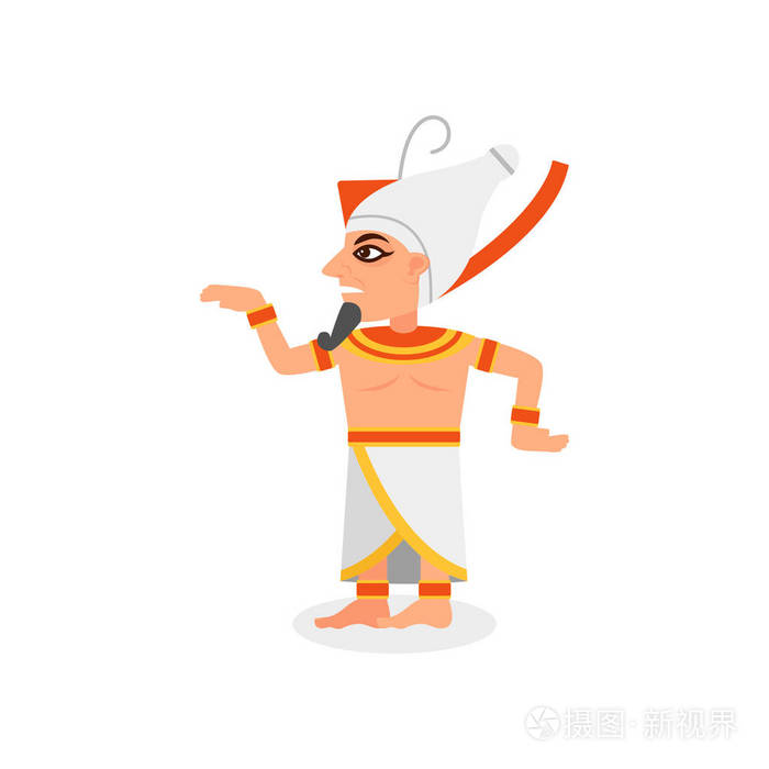 埃及法老的姿态.卡通男性性格与胡须, 身着传统服装和 hedjet 冠头.