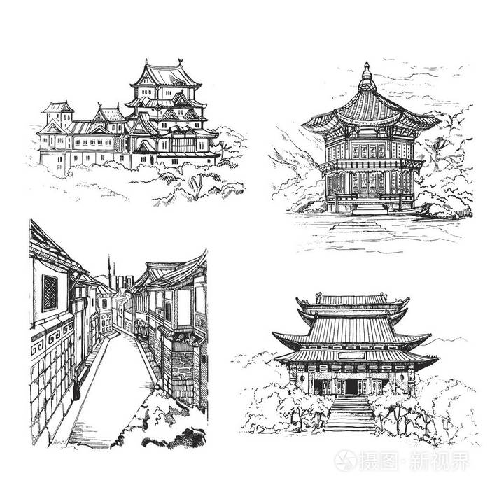 一套亚洲历史 showplaces 为印刷品,纪念品,明信片.素描, 插图, 手画.