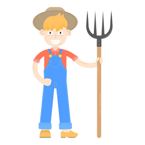 农民戴着帽子穿着蓝色的连体裤，站着干草叉