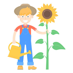 农民戴着帽子穿着蓝色的连体裤，站着用喷壶向日葵