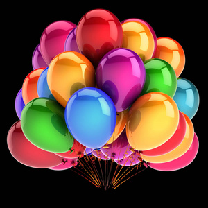 多彩多姿的派对气球束。生日装饰美。组氦气球光泽。娱乐符号。3d 插图。黑色隔离
