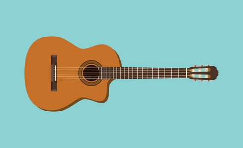 吉他单个孤立的对象与平板的蓝色背景矢量图形插画