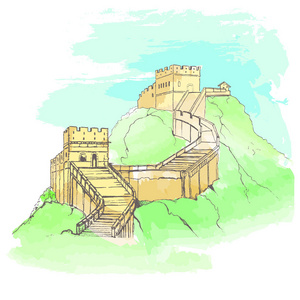 中国万里长城的素描风格.矢量插图.