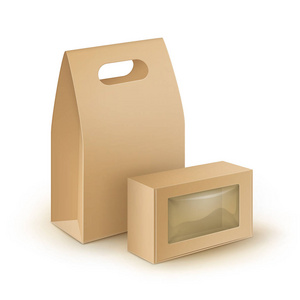 塑料窗模拟了关闭了在白色背景上分离向量设置的布朗空白纸板矩形采取了处理午餐盒包装为三文治 食品 礼品 其他产品