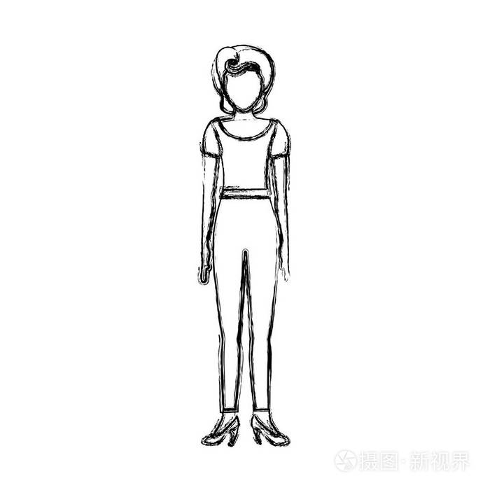 t 恤和裤子的复古风格的模糊的素描轮廓身体不露面女人插画-正版商用