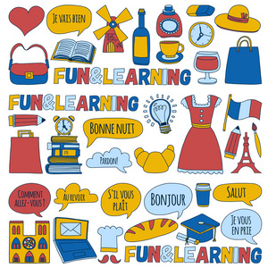 在线法语课程语言学校向量集的涂鸦图标