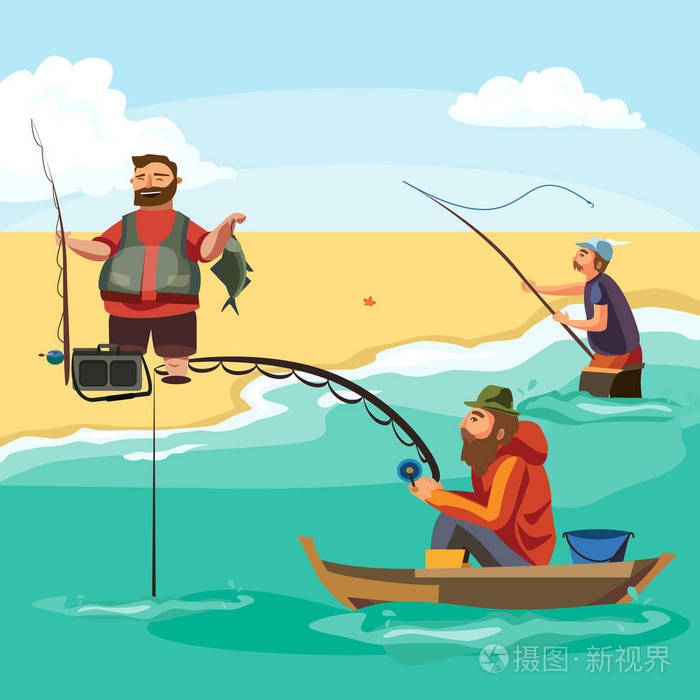 平渔夫帽坐在船上用手拖钓钓鱼杆和渔夫渔桶钩入海等大鱼有趣的矢量图