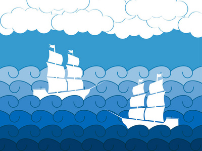 船舶在波浪，中世纪帆船。海景。矢量图