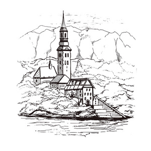 有房子和水的城市, 素描风格绘制.市容照片