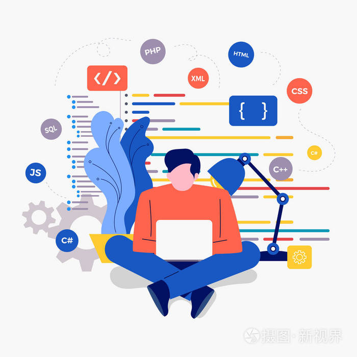 插图设计概念开发人员使用图标创建代码编程语言.矢量说明