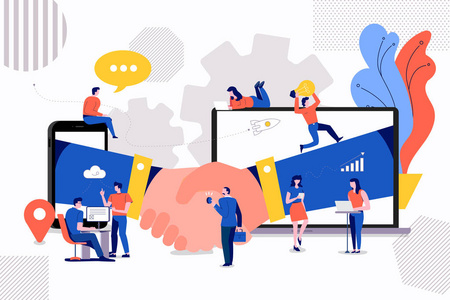 插图概念小人创造价值的合作伙伴业务.通过公司间的握手协议.