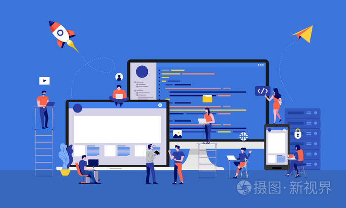 插图设计开发人员或程序员开发代码和网站通过协同工作桌面移动设备.
