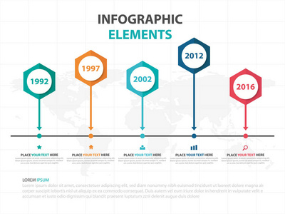抽象多彩六角业务时间线图表元素，演示文稿模板平面设计矢量图的网页设计营销广告