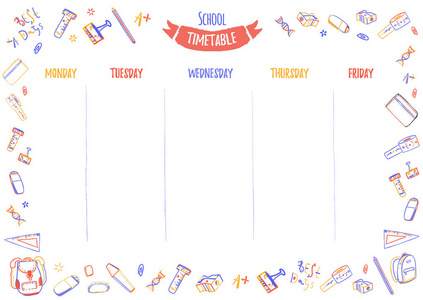 学校时间表为学生或学生与涂鸦丰富多彩的学校用品每周5天。组织您的一天