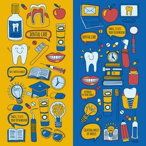 牙科矢量涂鸦集图标儿童牙科保健