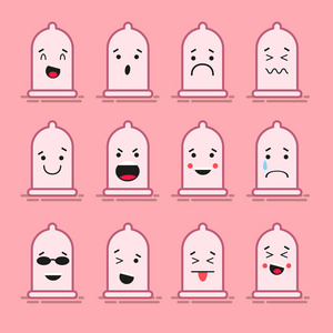 一整套 12 现代平图释 乳胶避孕套微笑 悲伤和其他情绪。矢量图的颜色背景分离