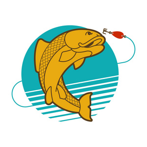 鱼和钓鱼竿徽章。钓鱼俱乐部渔民签字。矢量图案