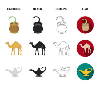 Cezve, 油灯, 骆驼, 蛇在篮子里。阿联酋集合图标在卡通, 黑色, 轮廓, 平面风格矢量符号股票插画网站