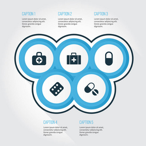 抗生素的图标集。补救办法 胸部 颗粒和其他元素的集合。此外包括符号，如胸部，袋，照顾