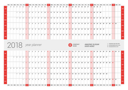 每年墙日历计划模板为 2018 年。矢量设计打印模板。每周从星期一开始