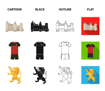 奶酪, 狮子和国家的其他标志。比利时集合图标在卡通, 黑色, 轮廓, 平面风格矢量符号股票插画网站