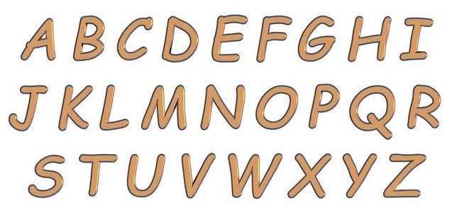 英语字母表中金大写字母，自定义 3d 漫画字体变形