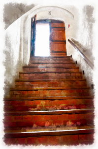 水彩绘制楼梯从地牢里的天空照片