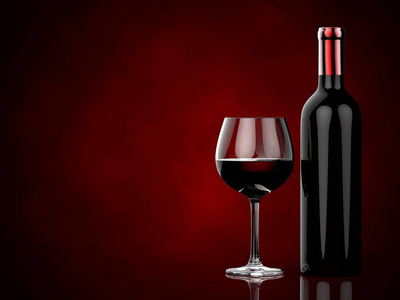 瓶子和红酒红色背景上的眼镜。3d 图