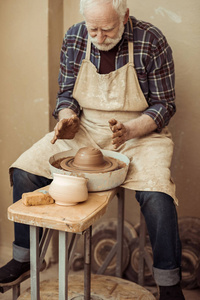 陶工轮上工作的男性工匠前面观图片