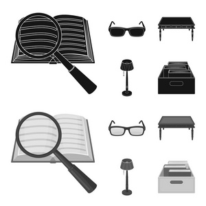 眼镜, 一张木桌, 一盏落地灯, 一盒书。图书馆和书店集合图标黑色, 单色风格矢量符号股票插画网站